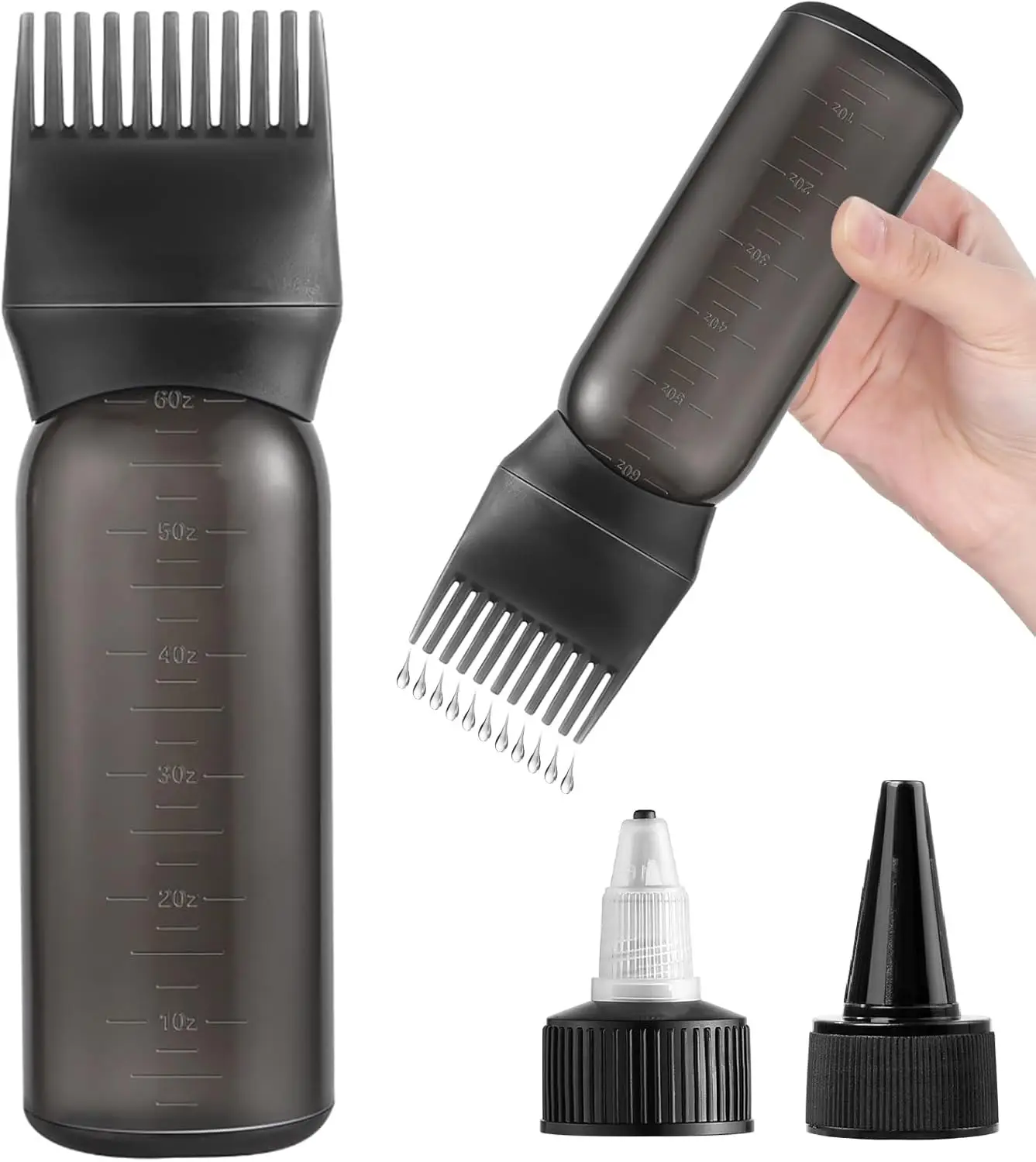 

Root Comb Applicator Bottle, 6oz Hair Oiling Bottle with 2 Caps & Scale