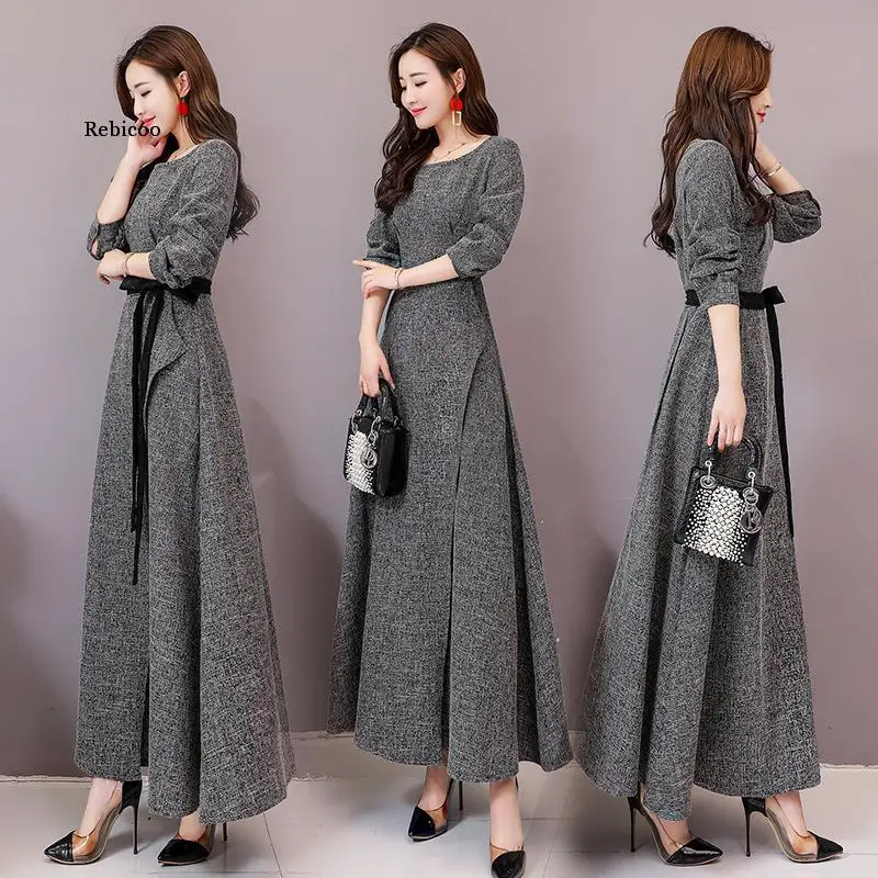 

Office Ladies o Collar longSleeve Women Dress Elegant Slim Waist A-line Ruched Female Long Dress Party