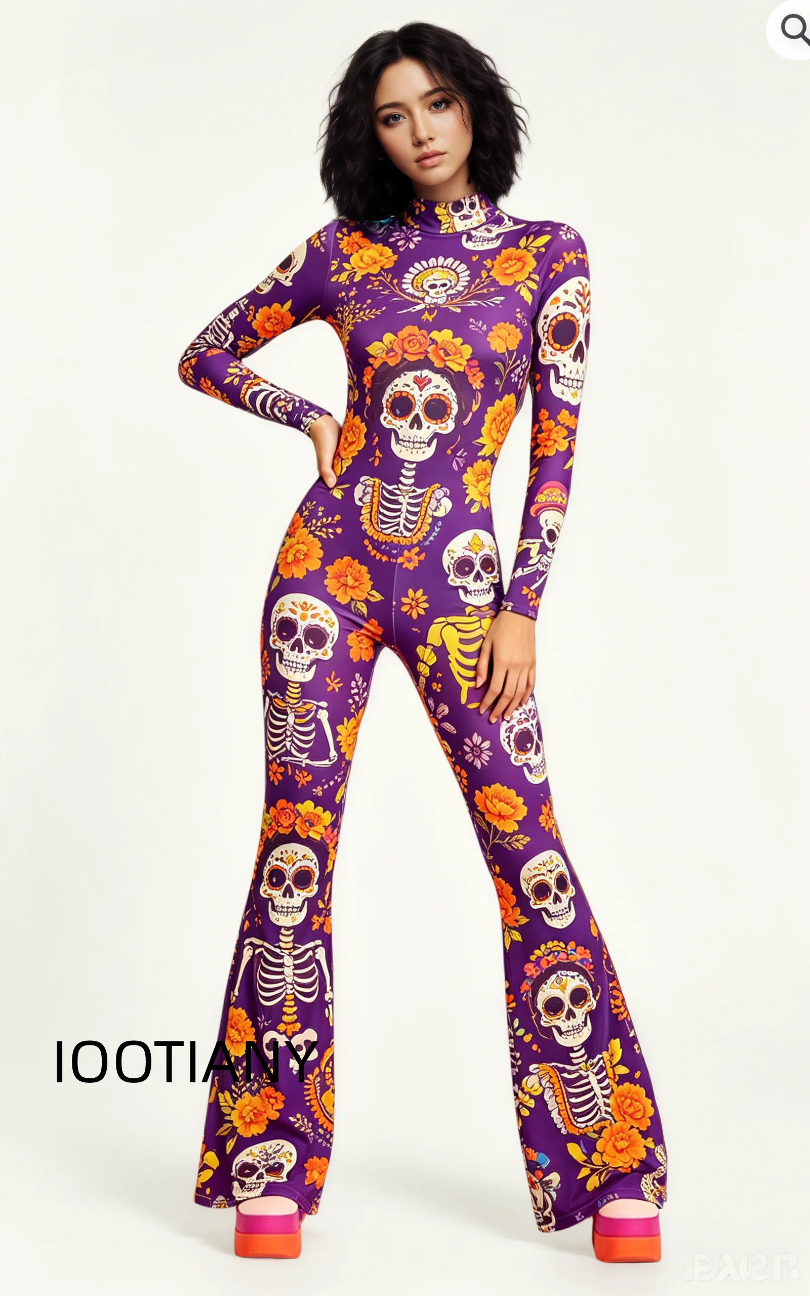 Damen-Jumpsuit mit ausgestellten Schlaghosenbeinen, geometrischem Schmetterlings-Skelett-Muster, figurbetont, Catsuit, Festival-, Rave-, Halloween-Cosplay-Outfit – Detail 9