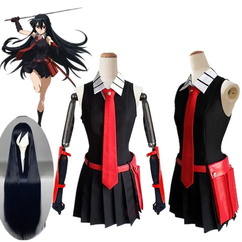 Akame ga KILL Akame Black Sleeveless Dress Uniform Outfit Anime Cosplay Costumes +cosplay wig for women Halloween dress Costumes