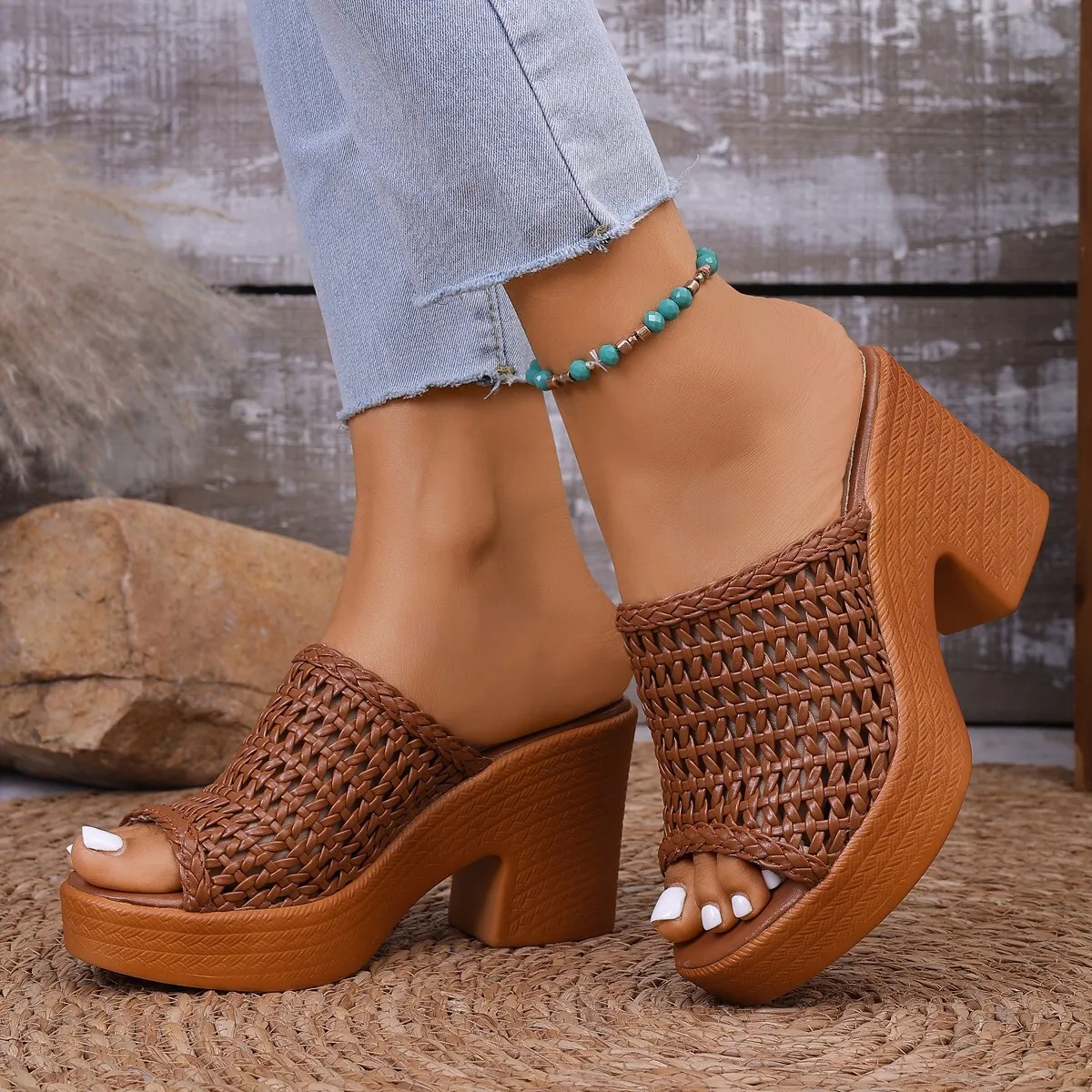 

Women's Summer New Style Straw Wedge Sandals, Square-toed High-heeled Fish-mouth Off-white Flat Sandals Islam Elegant