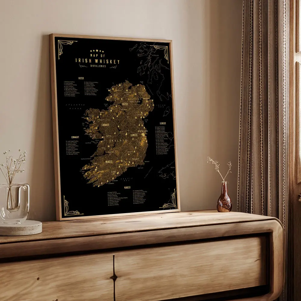 IRISH WHISKEY Map Wall Painting Canvas Print Kitchen Restaurant Bar Gentlemen's Club Decor Poster Distilleries Home Decor