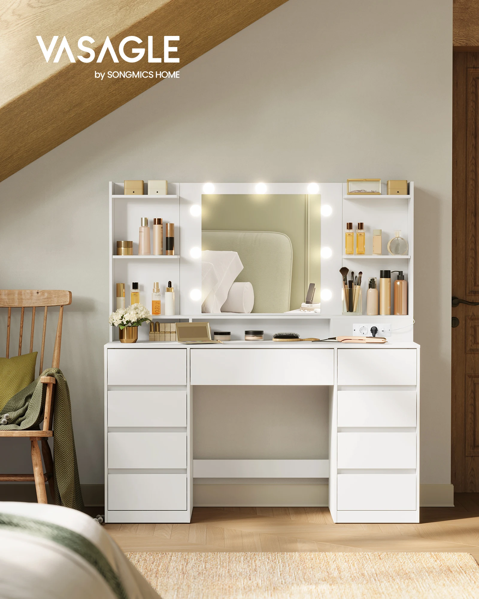 VASAGLE KAILYN Collection - Coiffeuse avec Miroir LED, Multiprise, 9 Tiroirs, 9 Ampoules, Rangement Bijoux, Éclairage 3 Couleurs, Installation des Rails sans Outils, Blanc Nuage