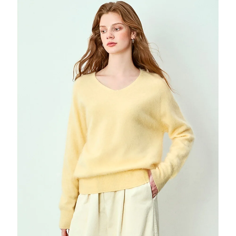 

Женский свитер с v-образным вырезом, вязаный джемпер, пуловер из смеси шерсти и кашемира, осенне-зимняя свободная теплая одежда