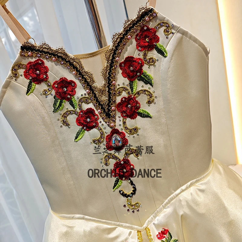Women off-white satin V-neck spaghetti strap long ballet dress vintage red rose gold thread embroidery gold trim outer skirt dou