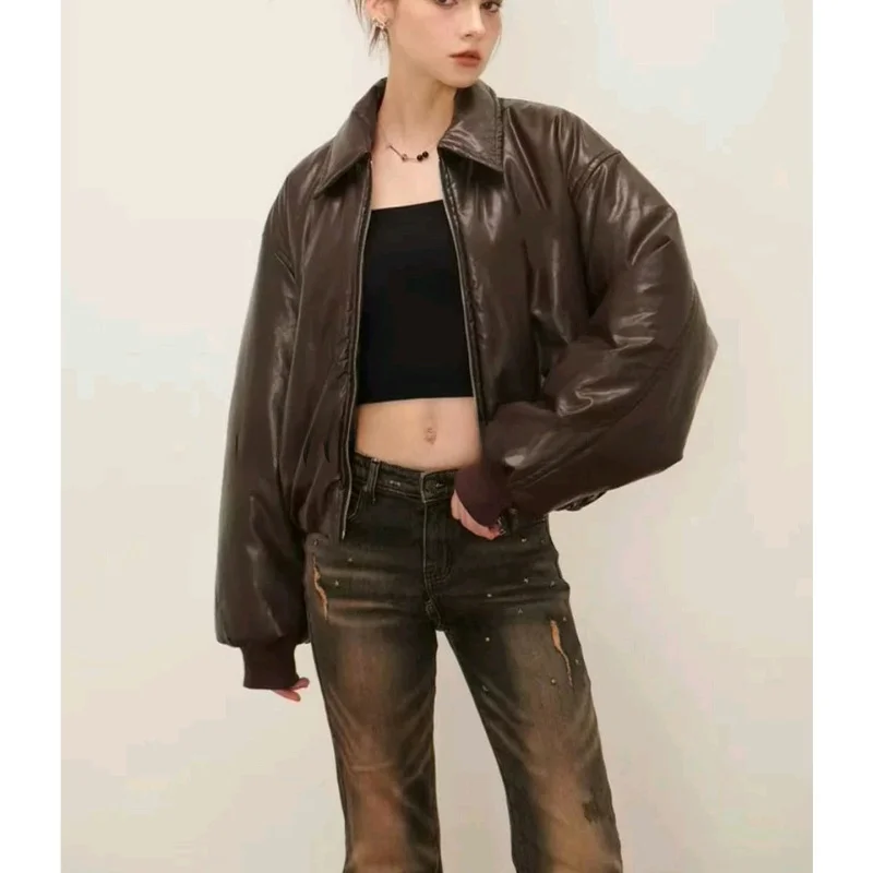 Manteau de moto en cuir PU pour femmes, col à fermeture éclair, Long Sve, coupe ample, fermeture éclair longue, nouvelle collection automne