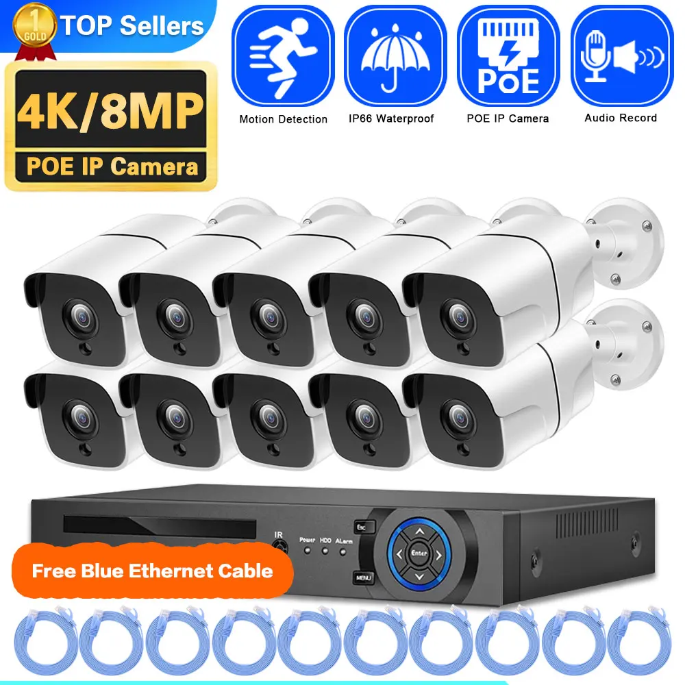 

4K 8MP CCTV Security System 10CH POE NVR Kit Outdoor IP66 Waterproof Audio Record POE IP Camera Video surveillance cameras kit