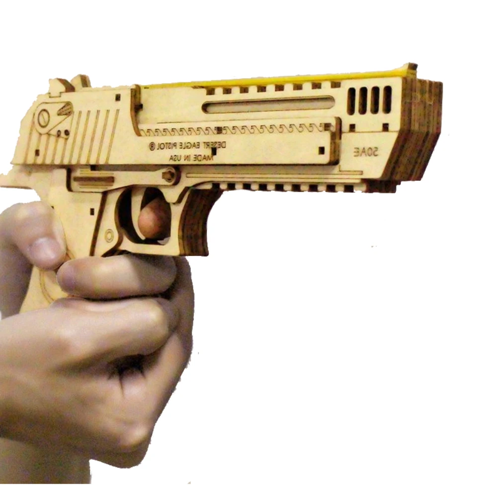 DIY Wooden Gun Shapes Puzzles Model Kit Children Mechanical Construction Desert Eagle Block To Build Elastic Rubber Bands Weapon