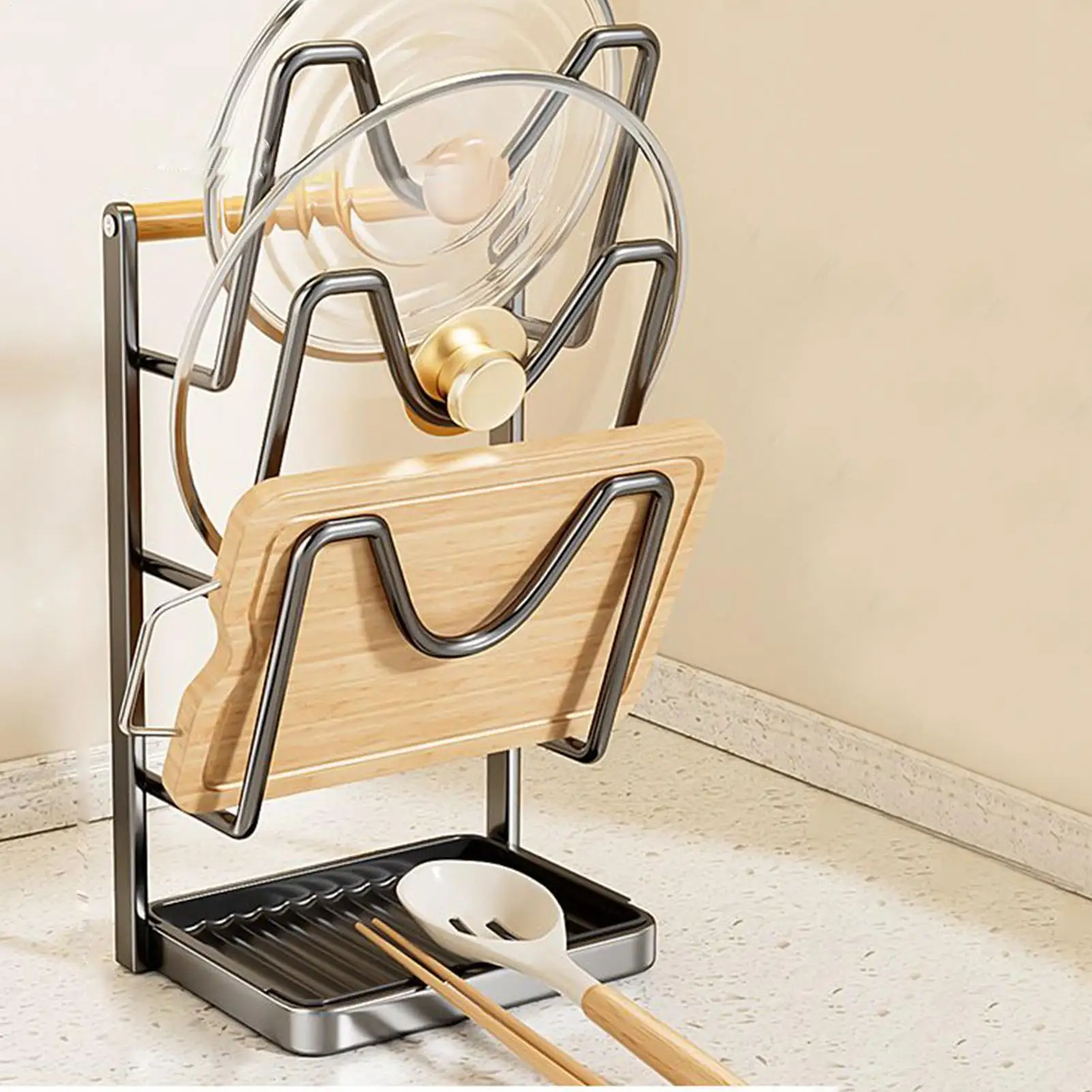 

Органайзер для крышки кастрюли из углеродистой стали со съемным поддоном для капель, кухонная кастрюля, держатели для крышки кастрюли для разделочной доски, тарелки, ложки, вилки