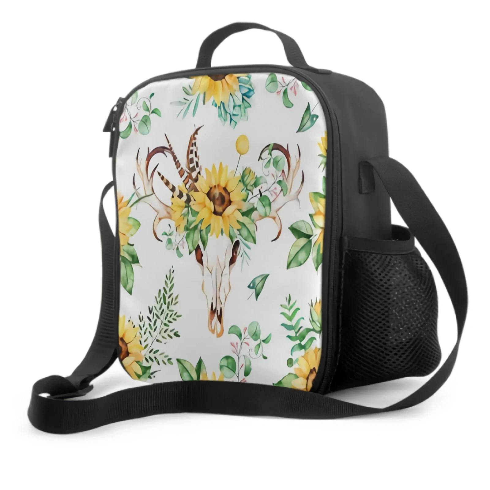 

Cow Skull Sunflowers Insulated Thermal Lunch Bags for Kids Boys Girls Washable Tote Crossbody Lunch Container for School Travel