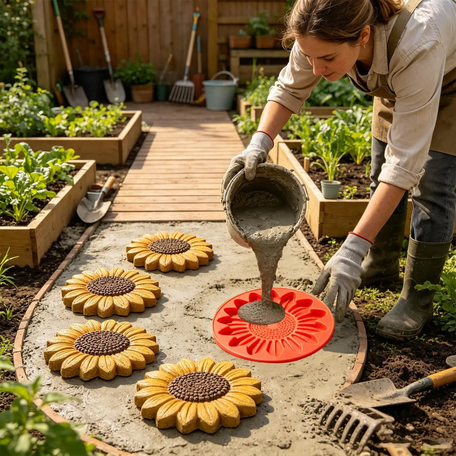 Stepping Stone Molds Round DIY Path Paver Cement Sunflower Concrete Mold for Outdoor Lawn Patio Pathway Walkway Yard Garden