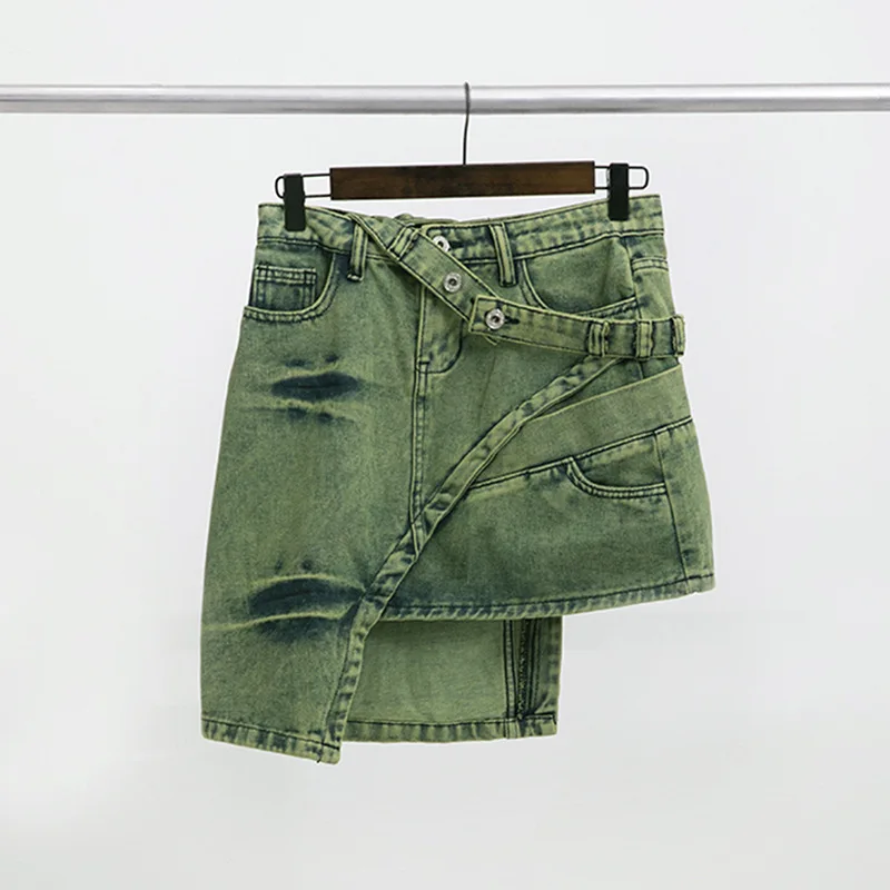 Gonna in denim verde con cinturino singolo di tendenza in Europa e negli Stati Uniti, gonna da donna dal design irregolare