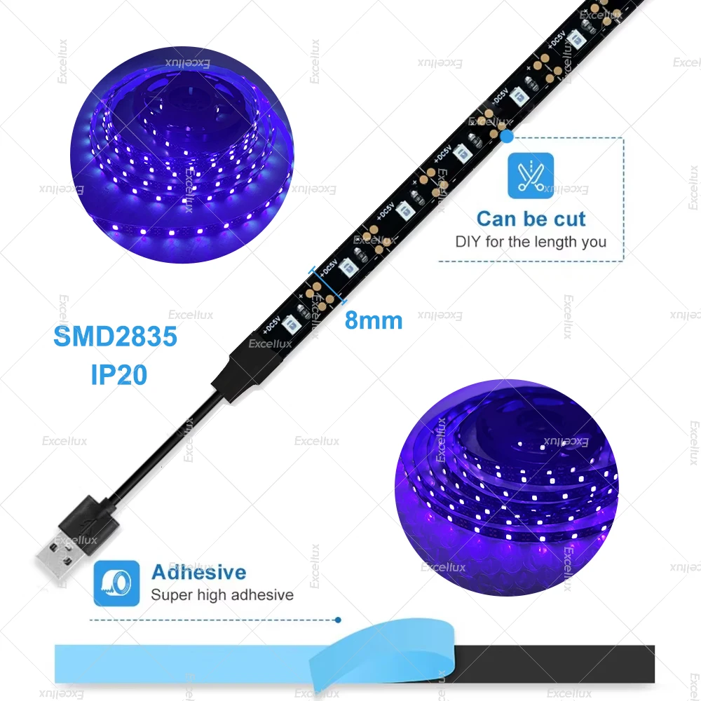 5V UV USB Led Strip Lights Tape 395-405nm 2835 SMD Flexible Black Led Light Strip Room Decoration For Glow Poster Party UV Lamp