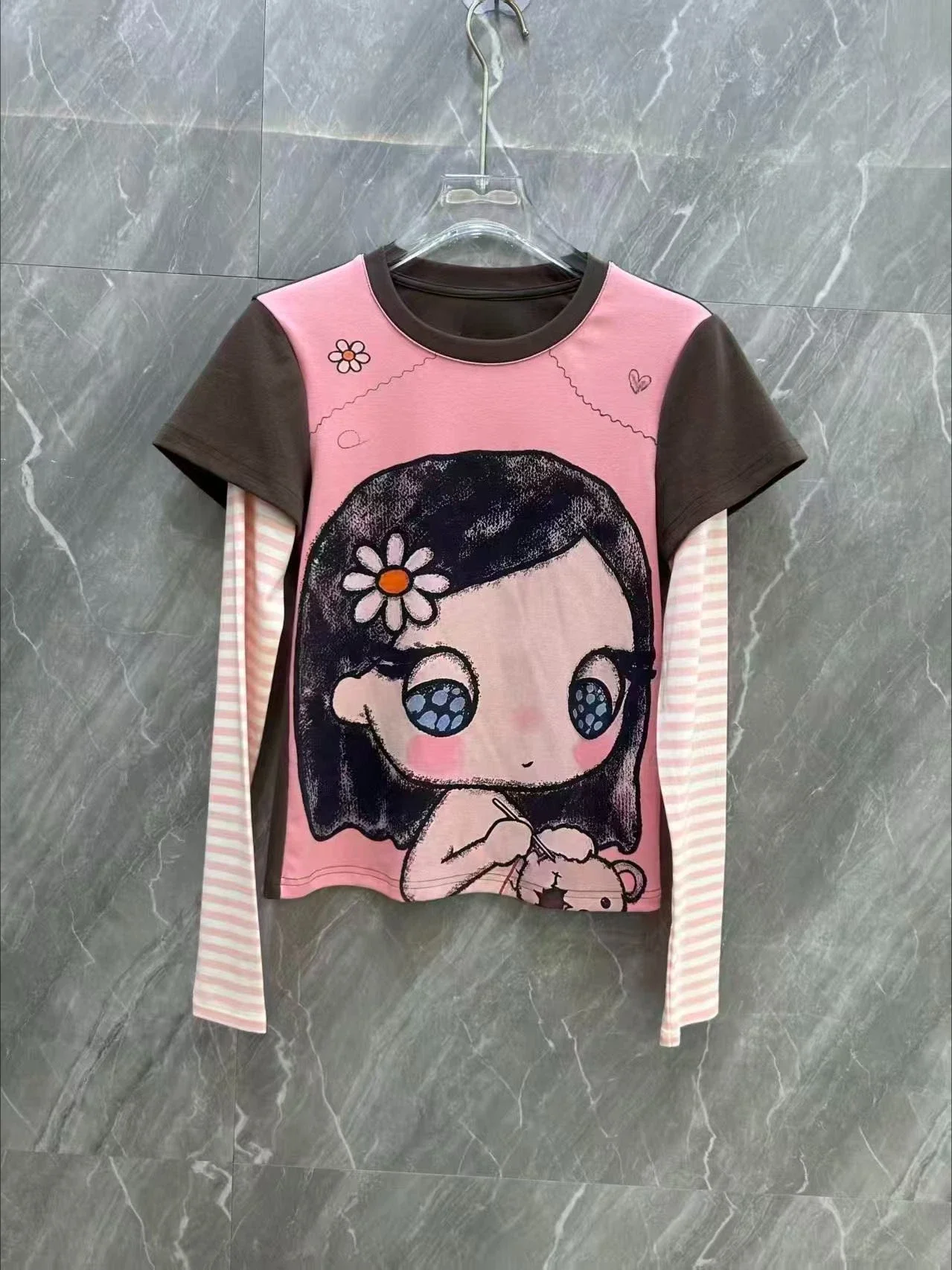 Cute Hand Drawn Character Graphic Fake Two Piece Shirt Pink Brown Splicing Striped Long Sleeve Cropped Top Crew Neck Autumn Wear