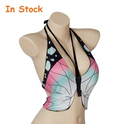In Stock Shinobu Kocho Cosplay Swimsuit Shinobu Kocho Butterfly Print Swimsuit Top Sexy V Neck Bathing Bikini Beach Costume