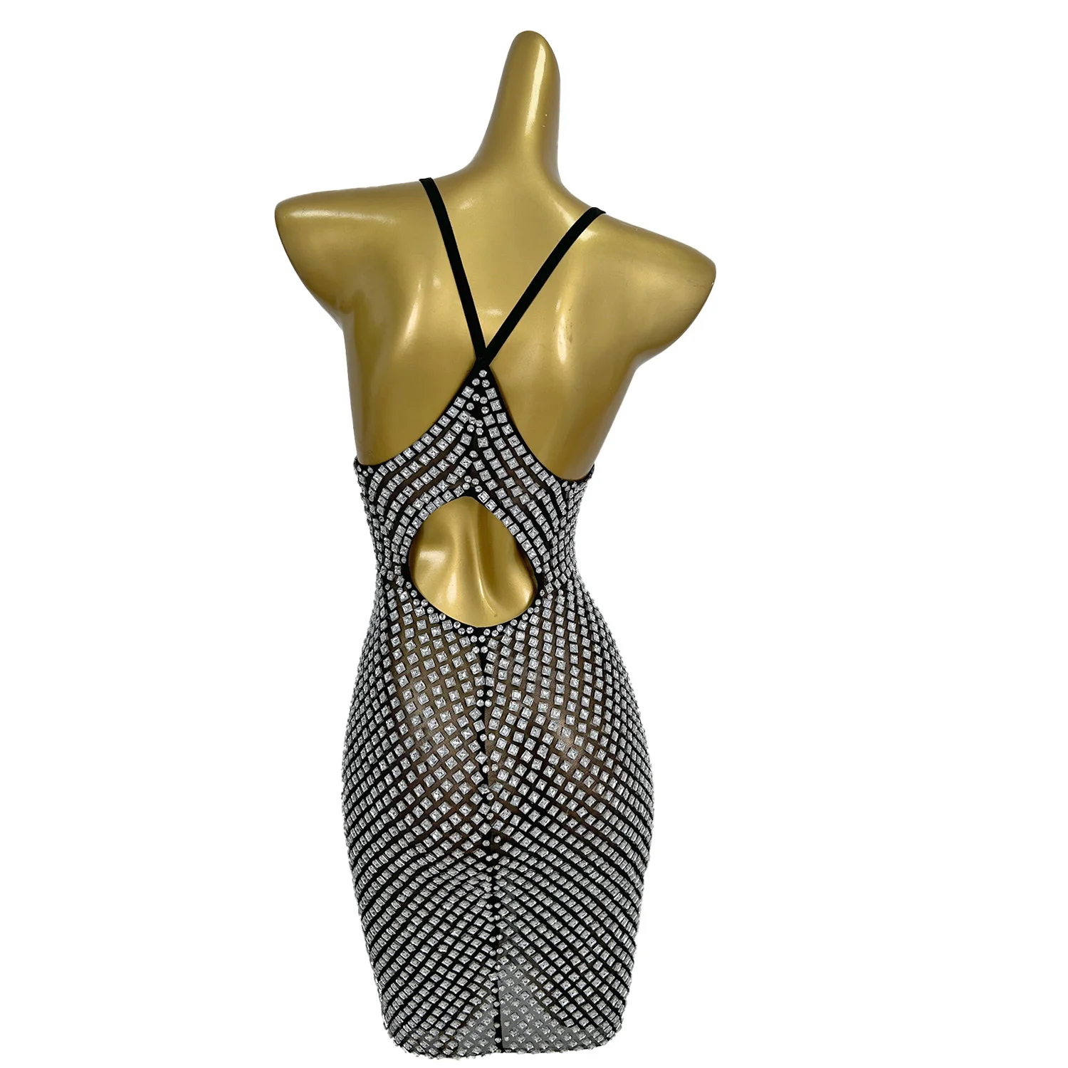 Fengwomei Sparkling Silver Full Diamond Dress Sexy Hollow Transparent Mesh Suspender Dress Bar Performance Clothes New Year Gown