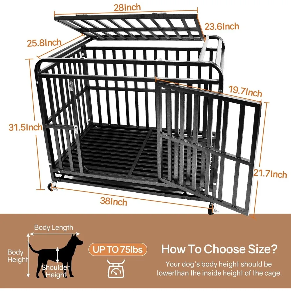 38 Inch Heavy Duty Dog Crate Steel Dog Crate,Escape-Proof Double Door Dog Kennel with 360°Lockable Wheels, Dome Design