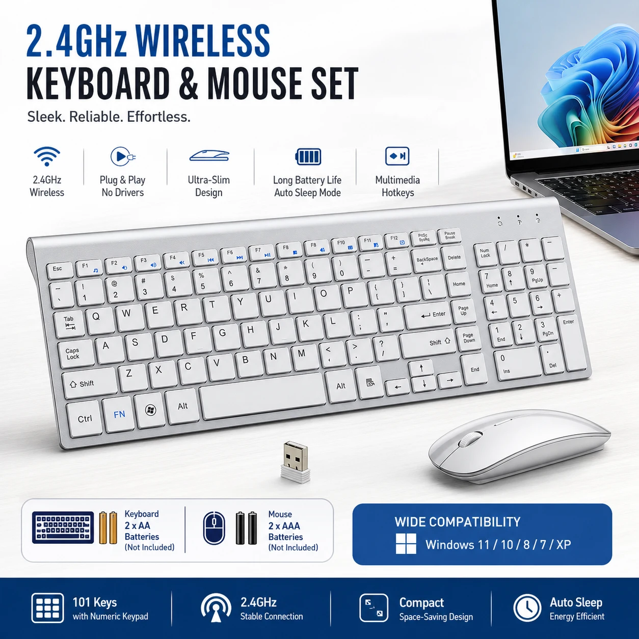 Ultra Thin Business Wireless Keyboard and Mouse Combo 101 Keys Low Noise Wireless Keyboard Mouse for Pc Windows XP/7/10 Tv Box