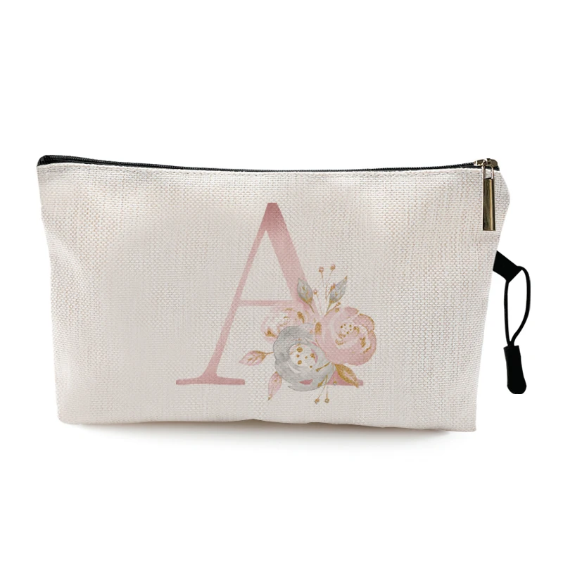 Personal Custom Pouch Pink Rose Floral 26 Capital Letter Print  Makeup Bag  Cosmetic Bag Creative Gift