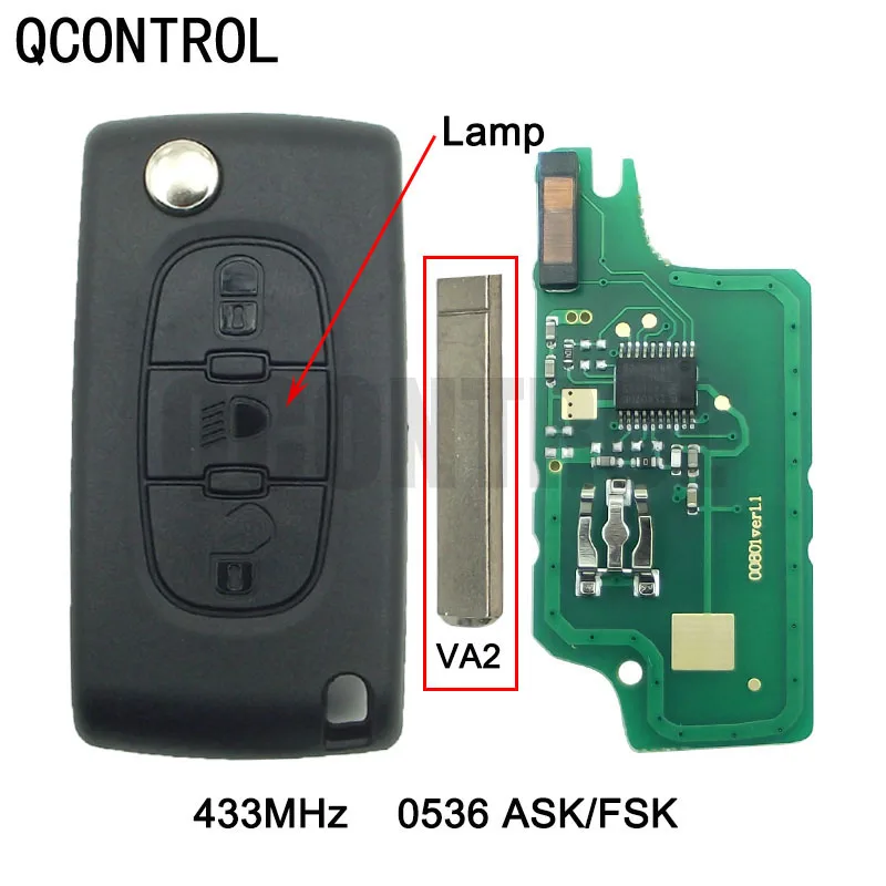 QCONTROL Vehicle Remote Key fit for PEUGEOT Partner 207 208 307 308 408 433MHz Car Lock Control (CE0536 ASK/FSK VA2)