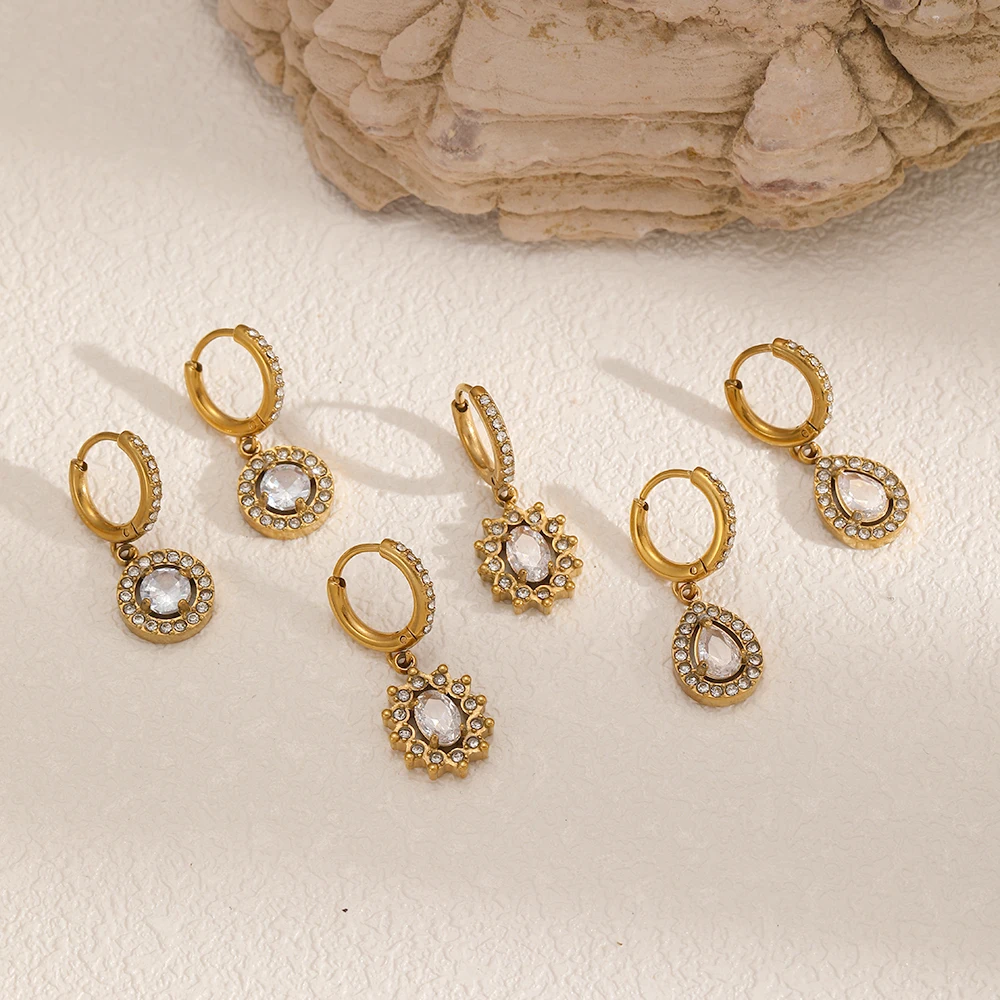 

Fashion Stainless Steel Inlaid Cubic Zirconia Geometric Hanging Hoop Earrings Set for Women Daily Jewelry Accessories