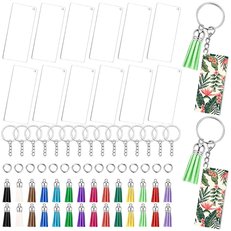 

88Pcs Acrylic Keychain Blanks with Key Rings Rectangle Clear Discs Circles Colorful Tassel Pendants for DIY Projects Crafts