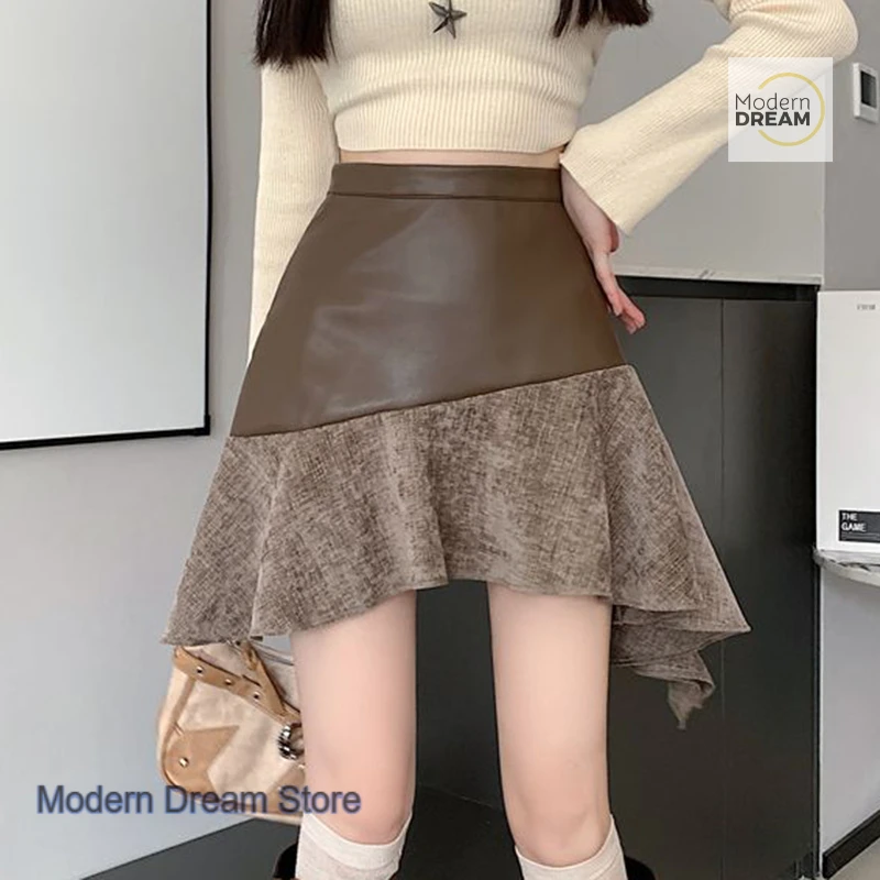 Korean spice girls' irregular design of leather skirt women's autumn and winter new high waist fashion temperament slim skirt