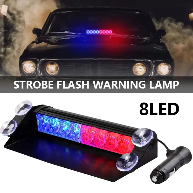 12V Car Strobe Light Flasher Vehicle Windshield Day Running Flashing 8LED Warning Signal Lamp Red Blue Police Emergency Lights