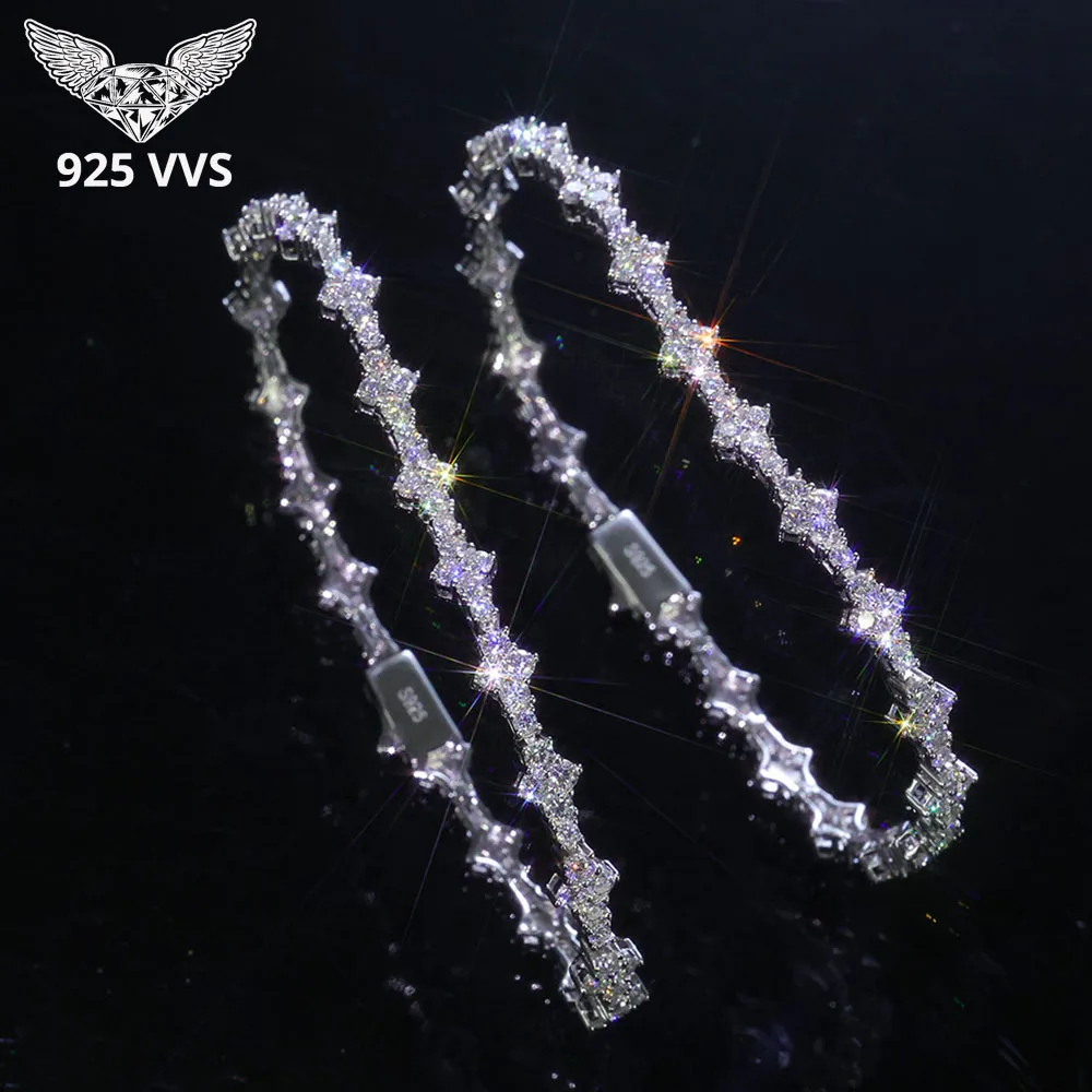 

925 VVS Moissanite Star Chain Bracelet Hip Hop Jewelry Bling Iced Out Tennis Cross Bracelet Sterling Silver with GRA 7/8inch