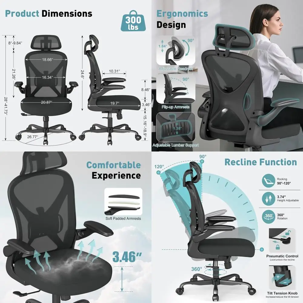 

Комплект из 6 предметов: эргономичное офисное кресло с регулируемой поясничной опорой, сетчатое кресло для рабочего стола на колесиках с откидными подлокотниками, черное