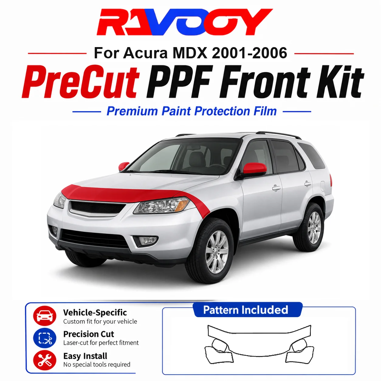 

8.5mil TPU Precut PPF Kit For Acura MDX 2001-2006 - Hood, Partial Fenders & Full Mirror Set - Self-Healing Gloss Clear Bra Film