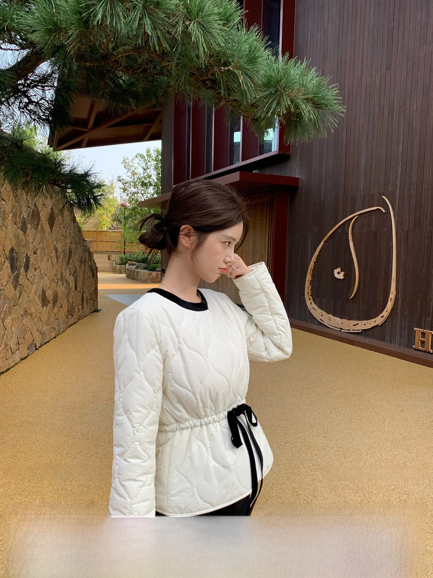 

Slim Fit Korean Sle Cotton Jaet Lightweight round Ne Waist Cinching Design Tea Rose Pattern Ele Outerwear Coat