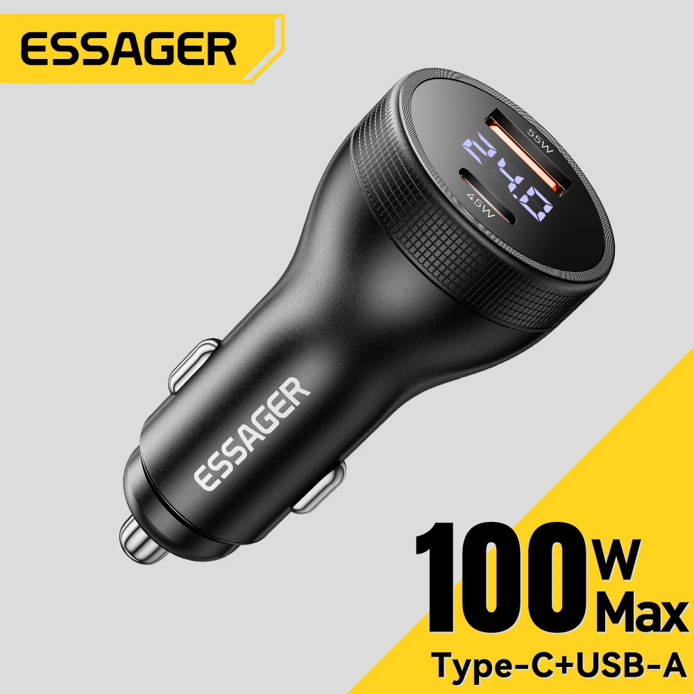 Essager 100W USB C Car Charger PD3.0 Fast Charging Quick Charge 4.0 Adapter for iPhone 16 MacBook Xiaomi Laptop Digital Dispaly