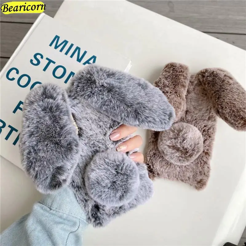 Soft Plush Case For Realme X XT X2 X3 X7 X50 X50m Pro Ultra Max U1 V3 V5 V11 V13 V15 GT 5G Furry Rabbit Bunny Fur Hair Cover