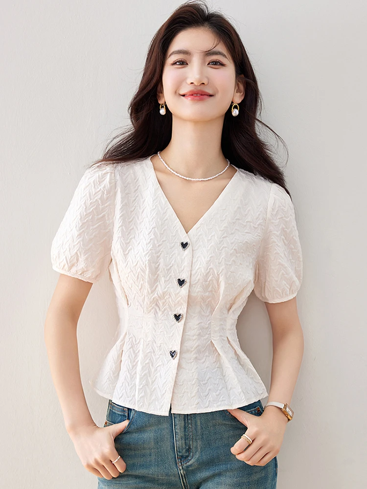 2024 New Summer V-Neck Short Sleeve Blouse Women Chic Design Shirt Fashion Slim Fit Tops