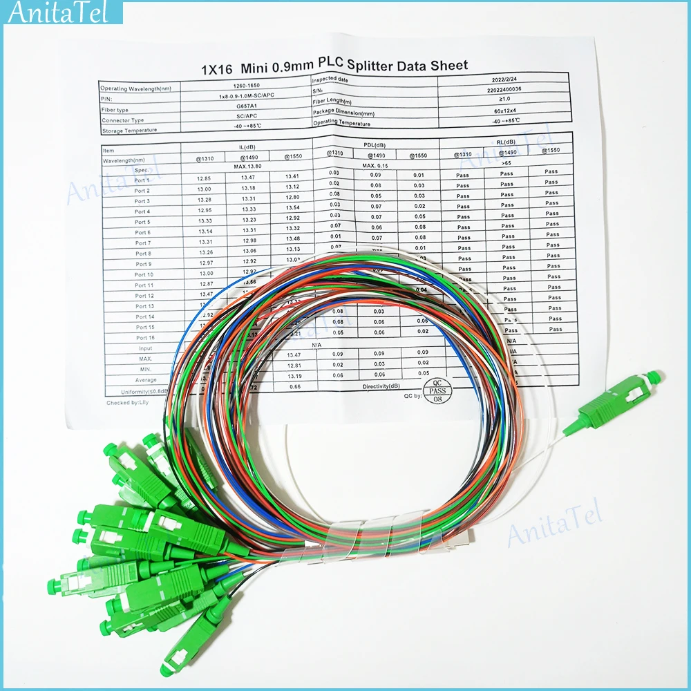 Divisor do PLC da fibra ótica, cor 1x16, SC, APC, SM, 0.9mm, G657A1, PVC, 1m, fibra de FTTH, alta qualidade