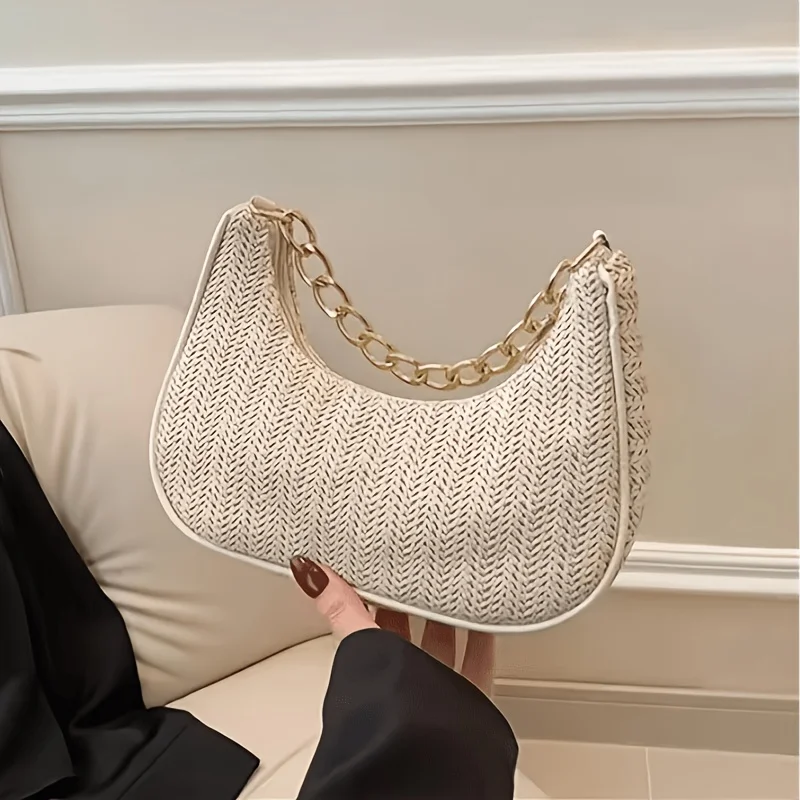 Women's Shoulder Bag, Fashionable Beach Bag, Straw Woven Handbag, Solid Color Woven Crescent-Shaped Women's Bag, with Metal Chain Shoulder Strap, Can Be Used as a Handbag, Shoulder Bag, Shopping Bag, Beach Bag, Casual Woven Bag, and Phone Bag