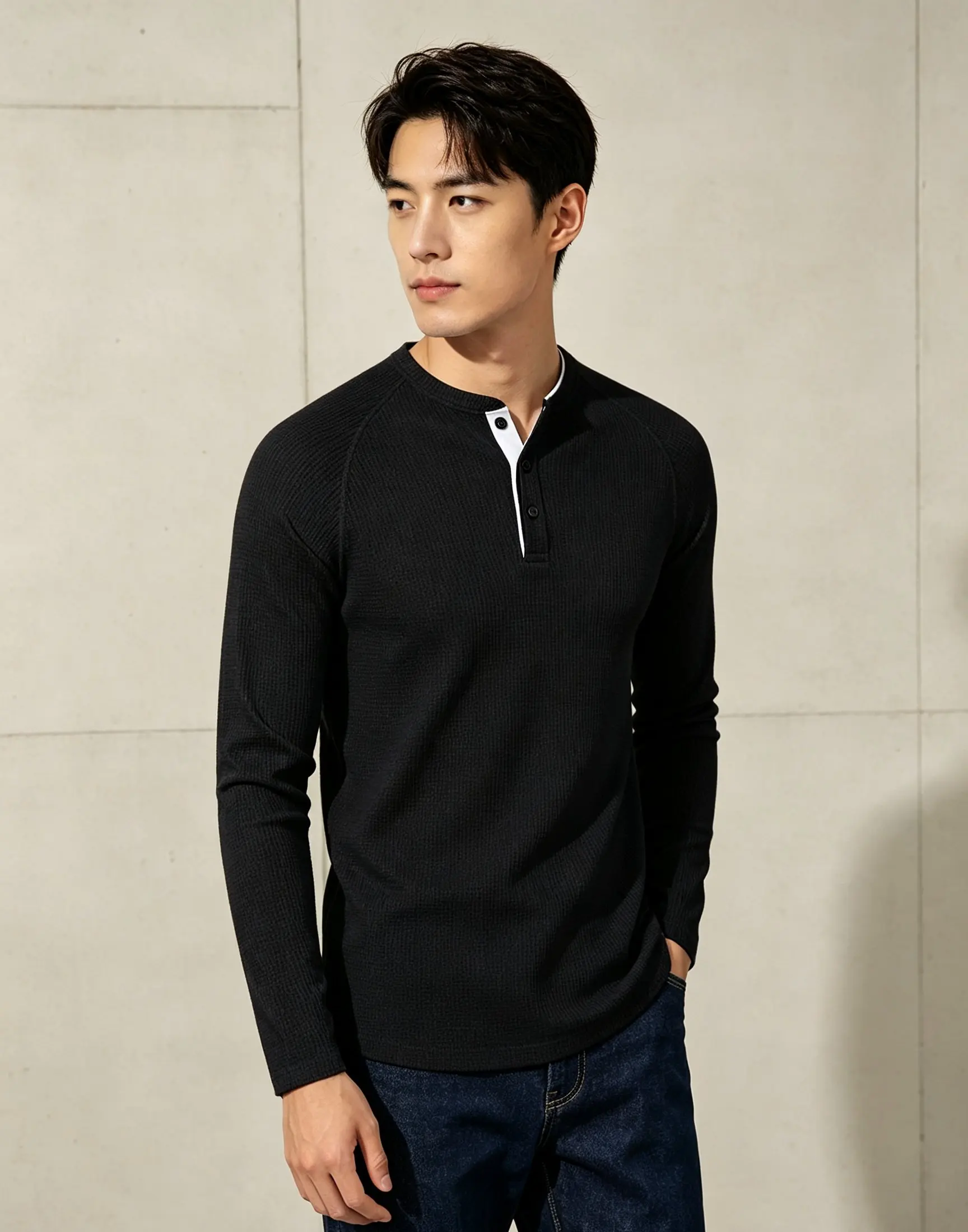 Men Waffle Henley Long Sleeve Shirt Raglan Sleeve Casual Daily T-shirt - view 2