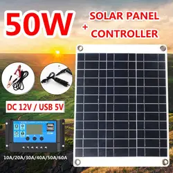 50W Portable Solar Panel Kit 12V/5V Dual USB Solar Charger Waterproof Panel Solar Cells Phone Power Bank with 10A-60A Controller