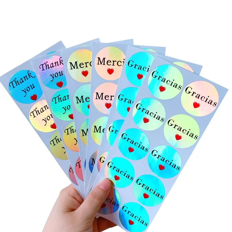 100pcs Laser Round Sealing Sticker Scrapbook Silver Waterproof Label French Spanish Thank You Merci Gracias Food Packaging