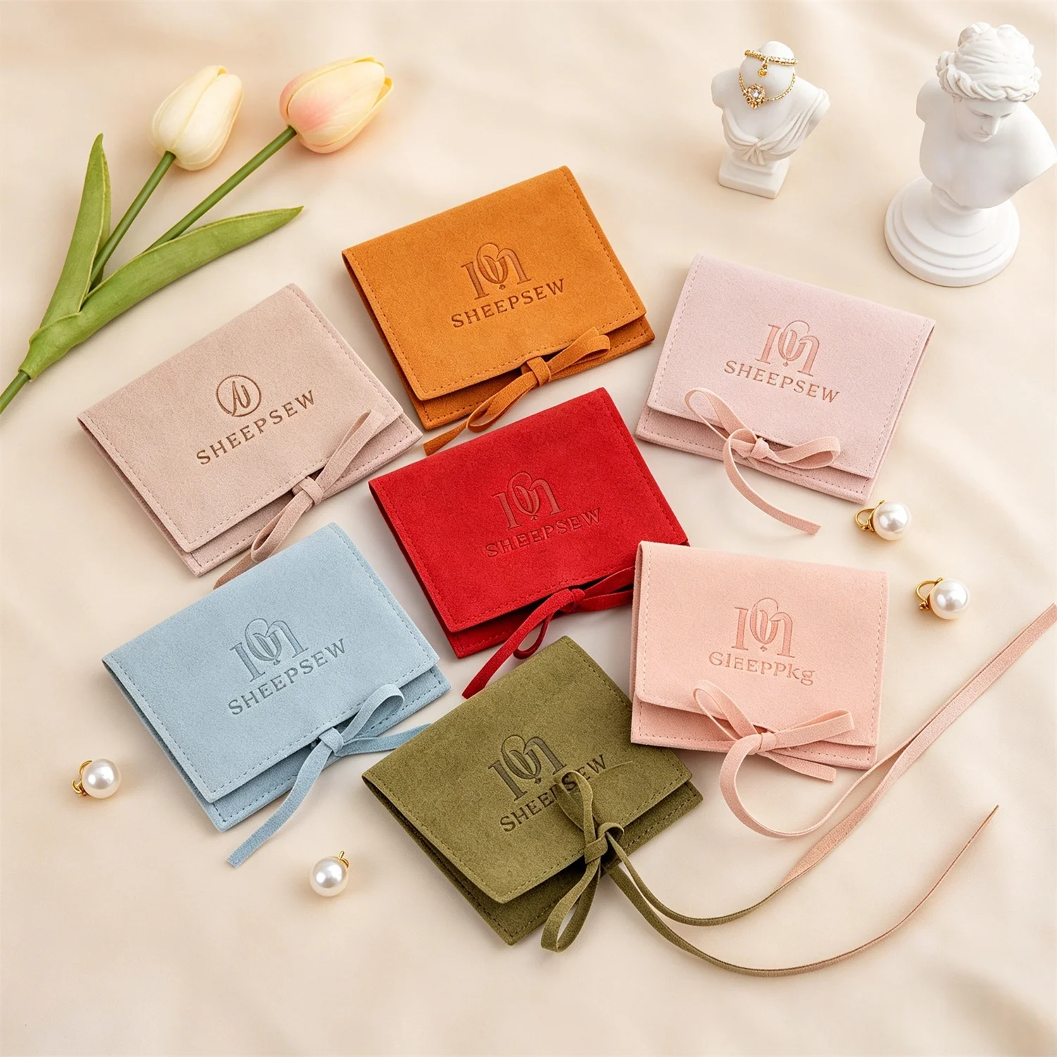 50pcs Custom Deboss Logo Microfiber Envelope Jewelry Pouch, Drawstring Velvet Gift Bag with Matching Cardboard Insert, Custom Pr