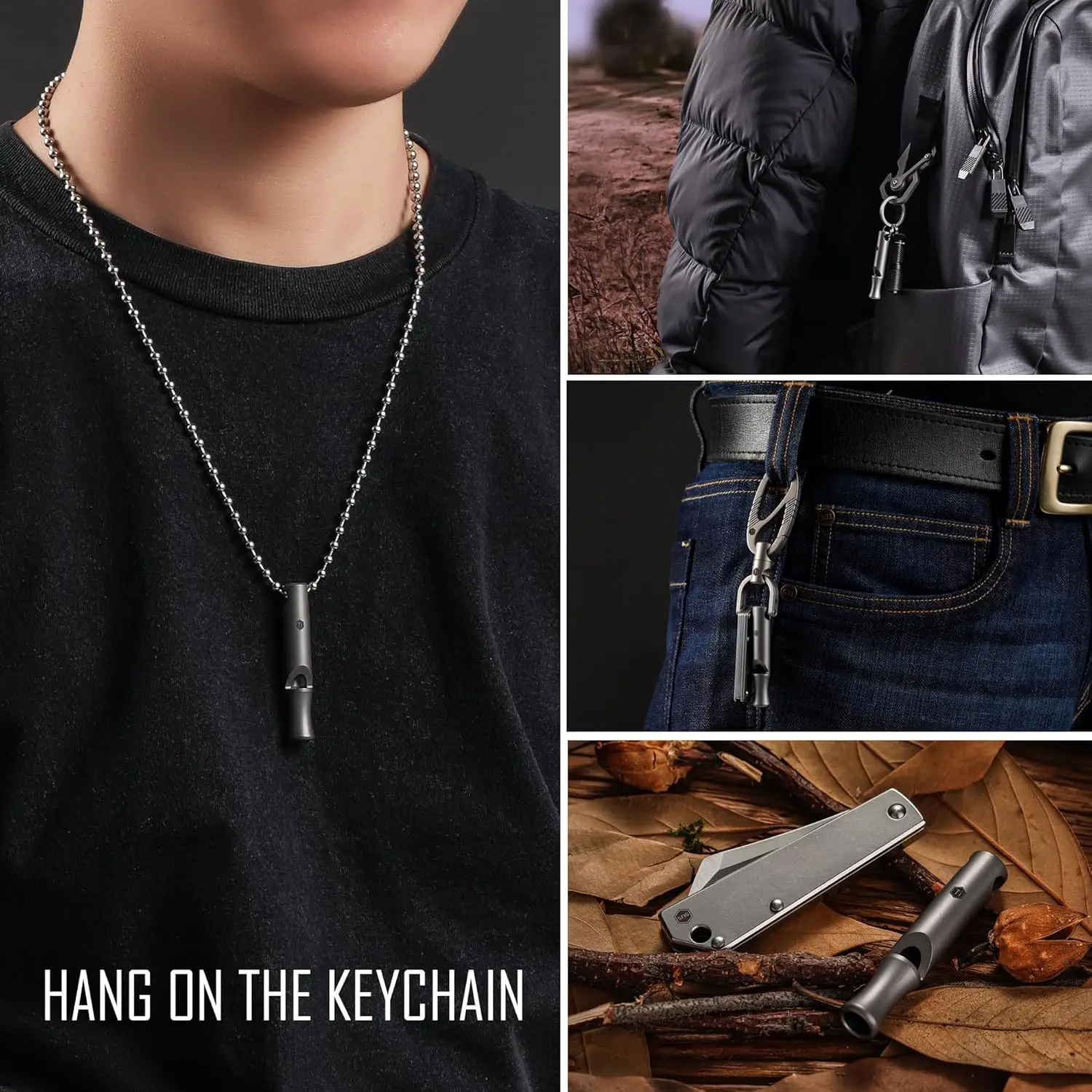 صفارة طوارئ من التيتانيوم من KeyUnity مع حبل معدني، 120 ديسيبل، صفارة نجاة خارجية من قطعة واحدة، خفيفة للغاية، مقاومة للصدأ