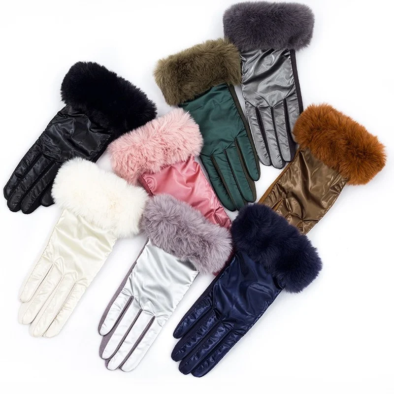 Fashion Women Winter Warm Suede Leather Touch Screen Glove Female Faux Fur Plus Velvet Thick Driving Gloves Black Gloves