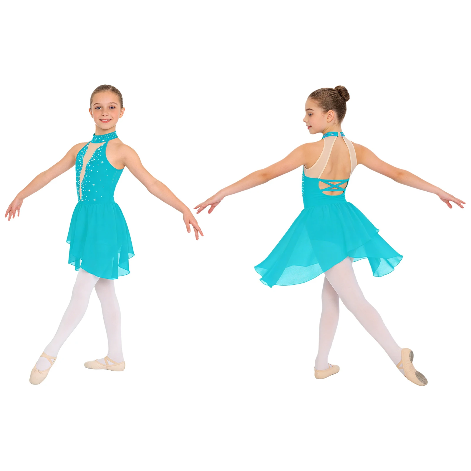 Kinderen Meisjes Glanzende Strass Ballet Jersey Lyrische Dansjurk Mouwloos Sheer Mesh Artistiek Kunstschaatsen Gymnastiekkostuum