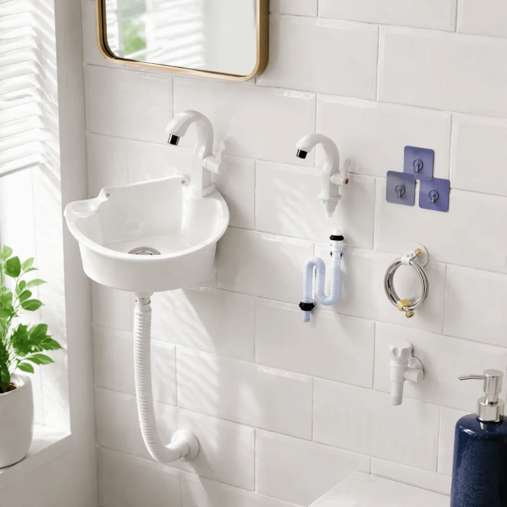 No-Drill Installation Wall Mounted Sink Self-Adhesive With Drain Plug And Pipe Mount Basin Space Saving Wash Basin For Camping
