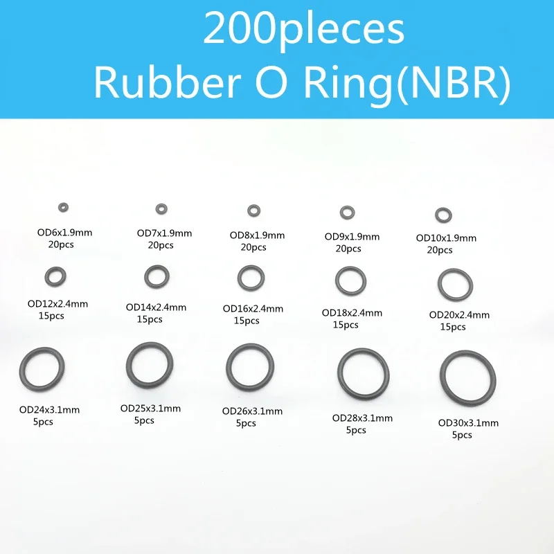 

200pcs NBR O Ring Seal Gasket Thickness CS 1.9/2.4mm OD 6-20mm Nitrile Butadiene Rubber Spacer Oil Resistance Washer Round Shape