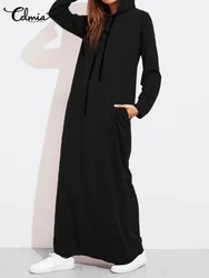 Celmia Women Hooded Maxi Dress Casual Solid Long Sleeve Pockets Party Hoodies Dress 2023 Spring Long Vestido Robe Drawstring