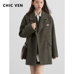 CHIC VEN Women's Long Blends Coat Solid Loose Winter New Korean Mid Length Woman Outerwear Office Lady Coats Autumn Winter 2023