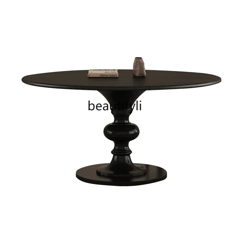 American solid wood round dining table retro black round eating table small apartment simple designer dining table