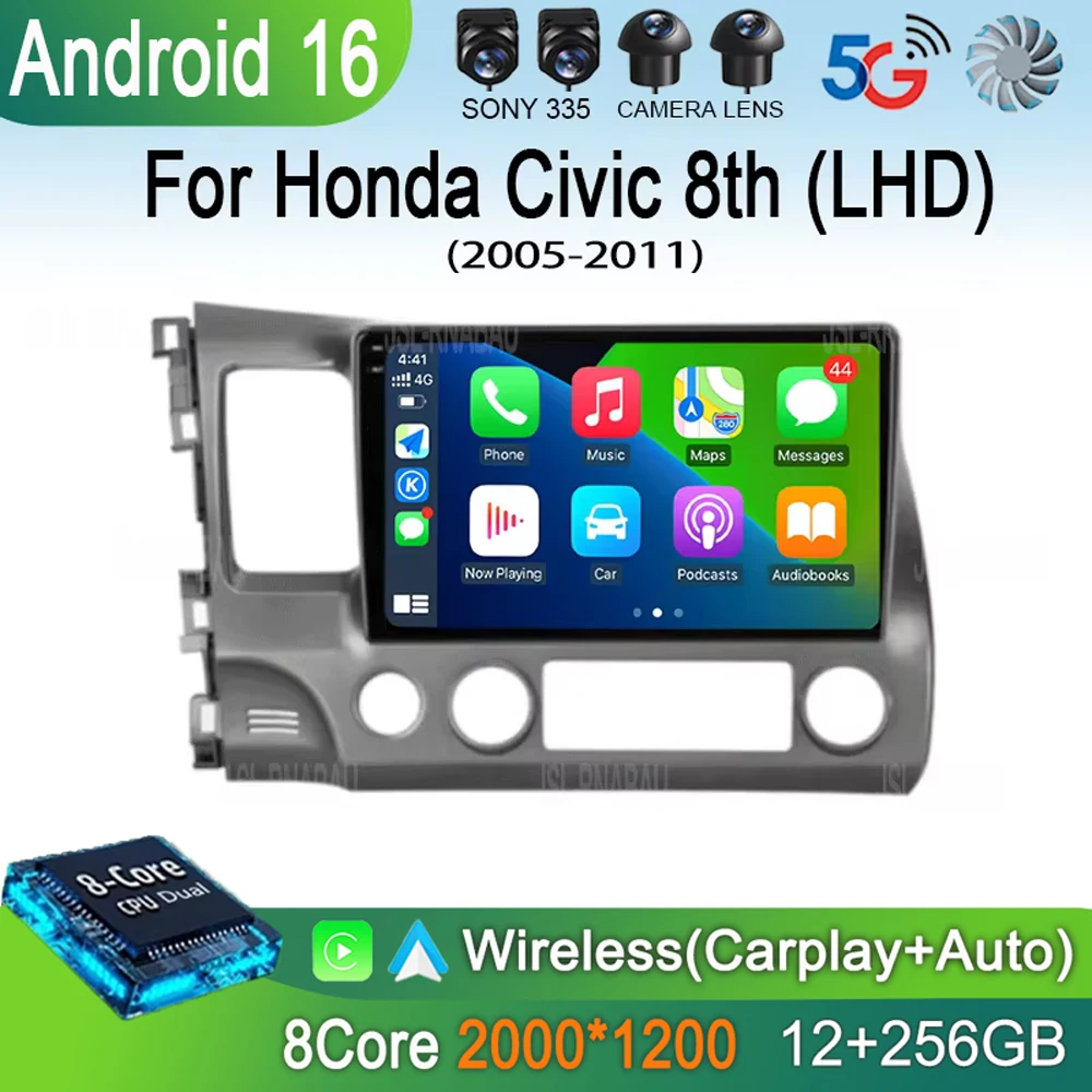 Radio Estéreo para Auto con Android 16 para Honda Civic 8.ª Generación 2005 2006 2007 2008 2009 2010 2011, Multimedia Inalámbrico, CarPlay, Android Auto 2